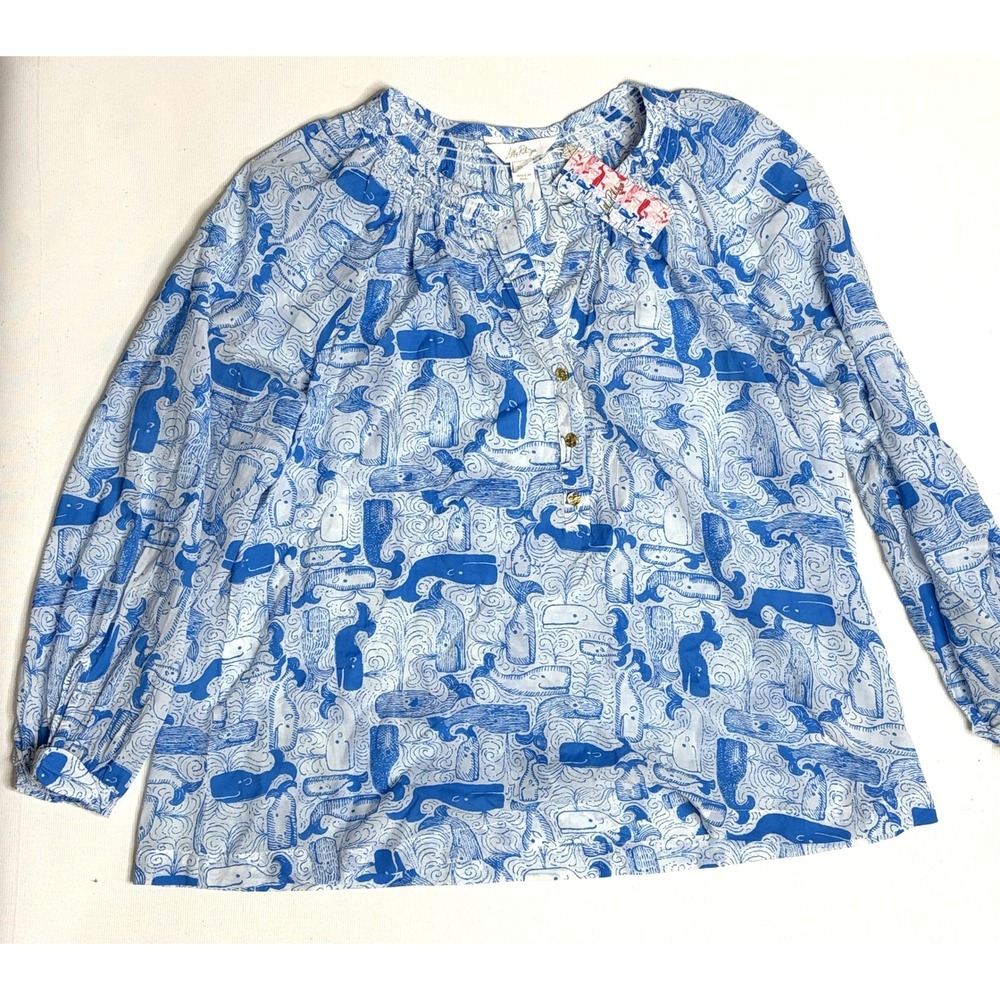 Lilly Pulitzer Andria Top Thar She Blows Whale Print Nassau Blue XL NWT - Picture 8 of 8